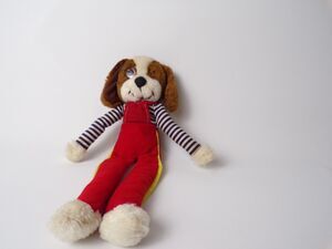 Vintage Anntoy Co. Ltd. Plush Dog Red Overalls Blue Stripes Long Legs Hong Kong